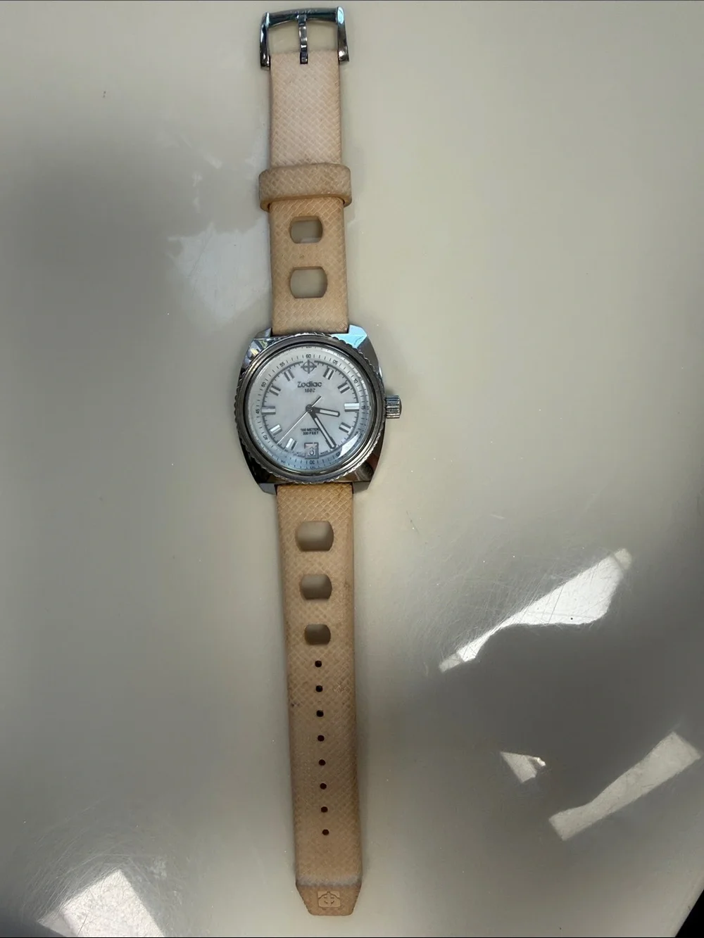 Zodiac White Dial Sport Watch with Beige Strap